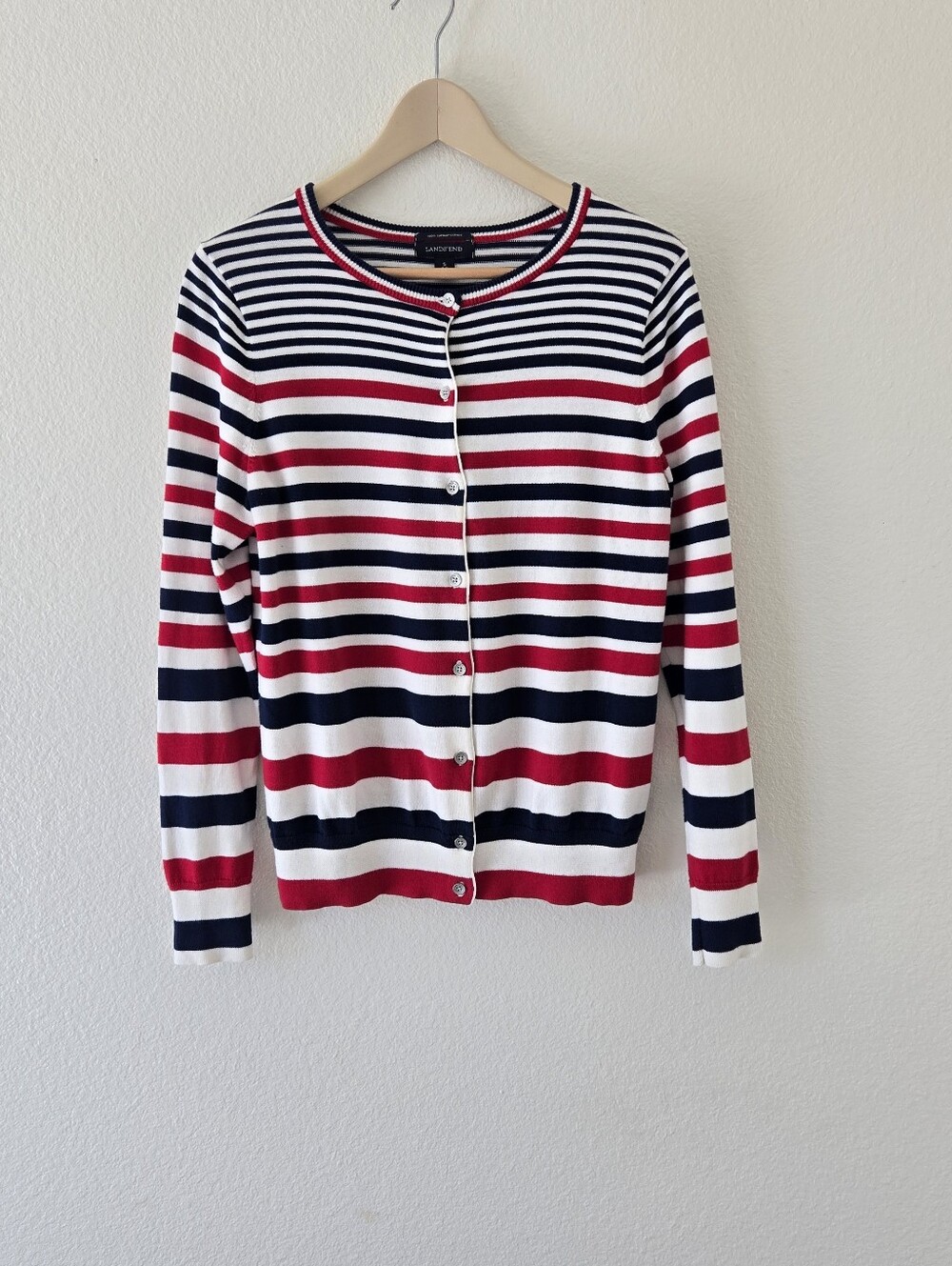 Lands' End Women's 6-8/ Small 100% Supima Cotton Red White Blue Stripe Cardigan - Picture 5 of 15